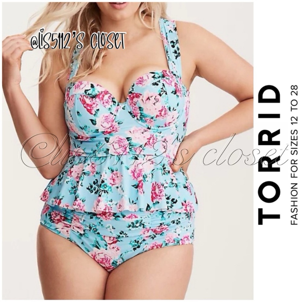 Torrid Blue Pink Rose Floral Peplum Midkini Top & Bottoms Swimsuit SET 3X // 2X